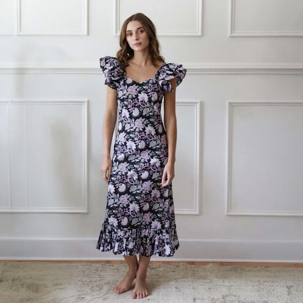Millie Floral‎ Cotton Maxi Dress XL Flutter Sleeves Ruffle V-Neck